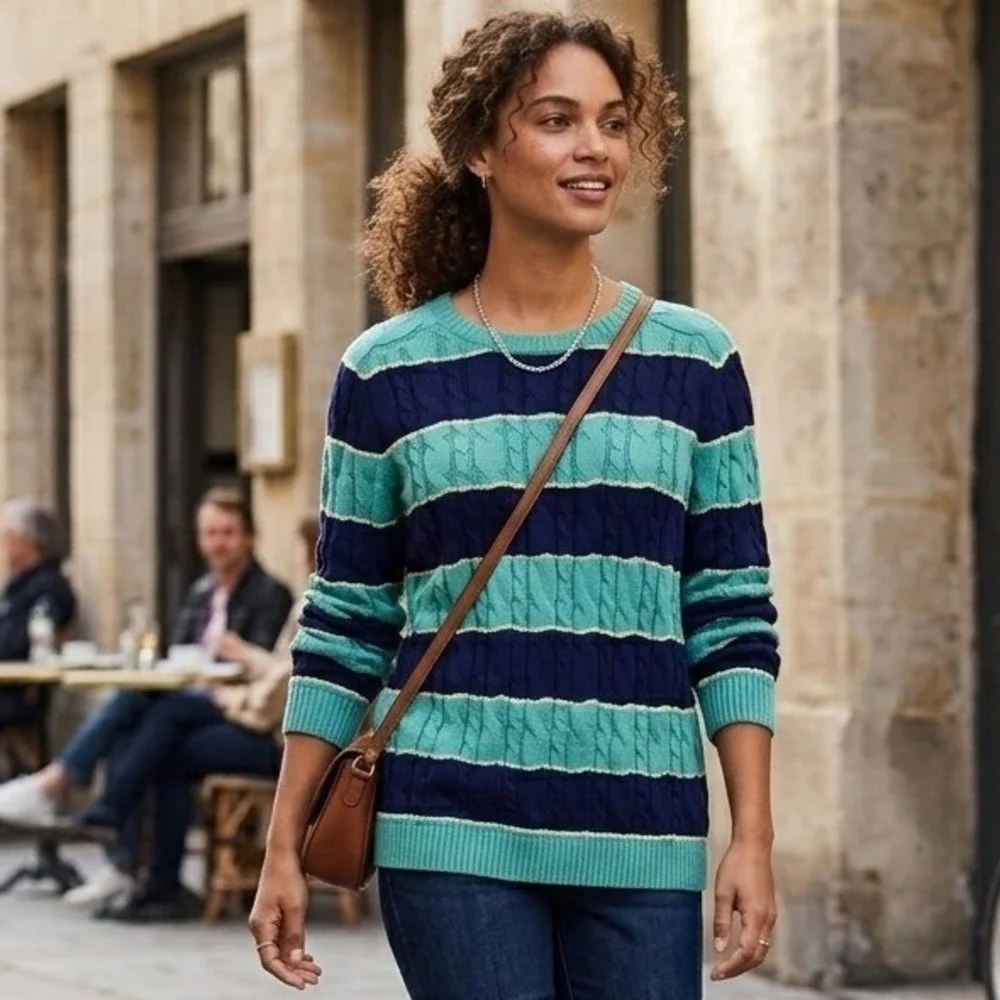 Lands' End Drifter Sweater Womens XL Blue Teal Striped Cable Knit Cotton Preppy